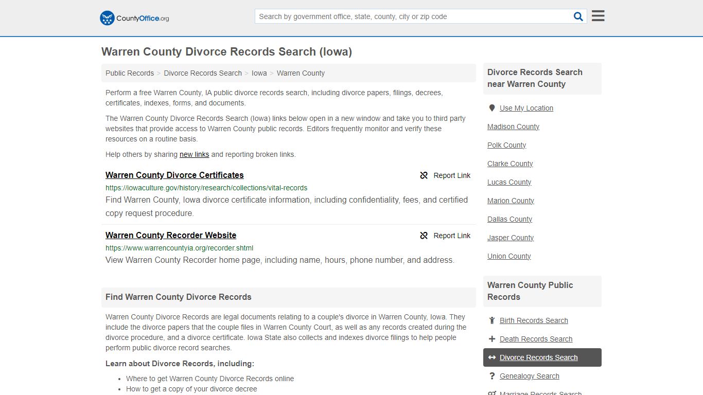 Divorce Records Search - Warren County, IA (Divorce Certificates & Decrees)